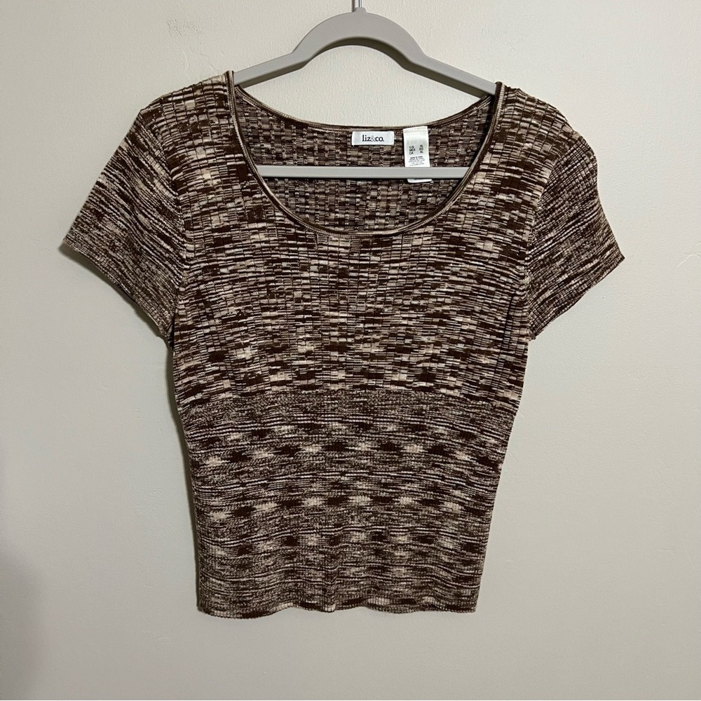 Liz & Co Brown Ribbed Short Sleeve Knit Scoop Neck Sweater Top size XL